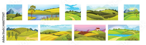 Green Summer Landscape with Field, Hills and Mountains Vector Set