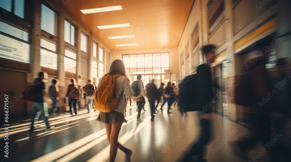 Blurred shot of high school students walking up the strs between classes in a busy school