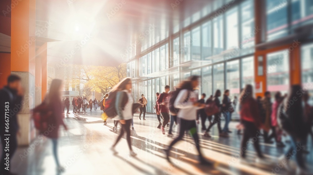 Blurred shot of high school students walking up the strs between classes in a busy school