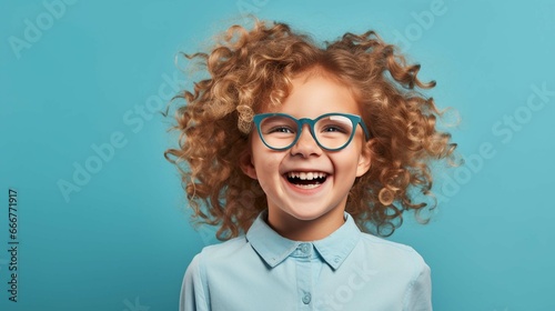 Happy little curly blond girl Isolated on a solid blue background