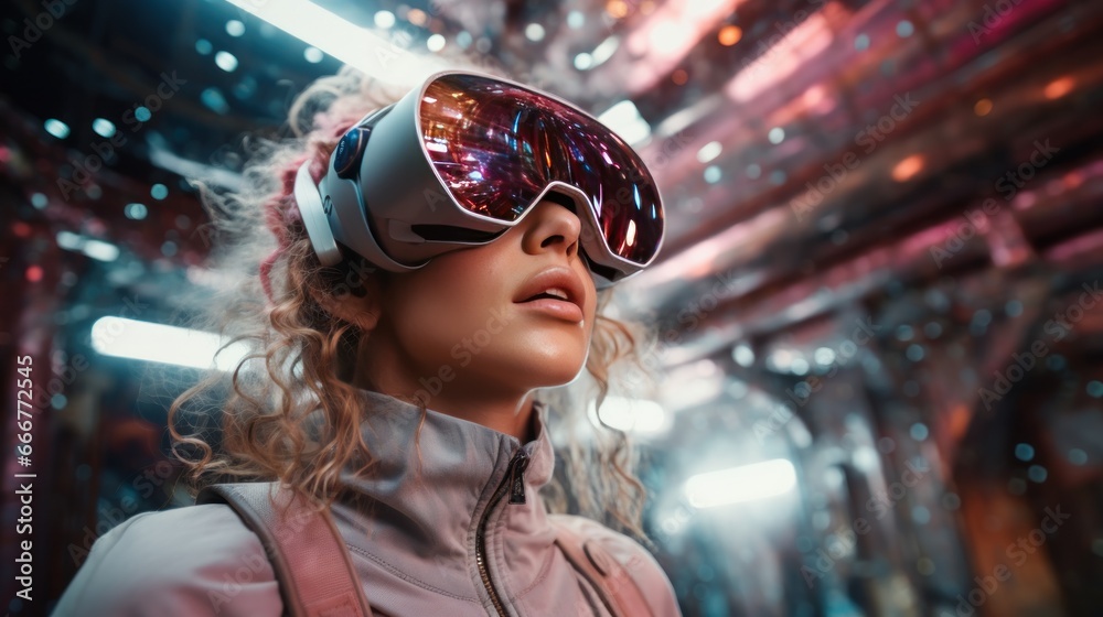 A woman, equipped with augmented reality glasses, ventures into the vastness of space. A woman, equipped with augmented reality glasses, ventures into the vastness of space.
