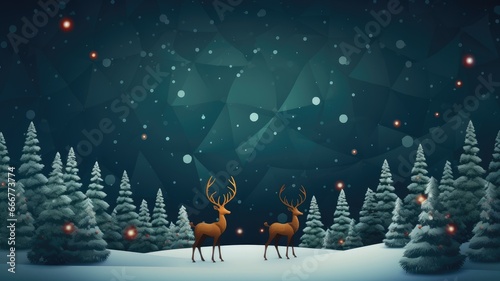 a realistic red and green reindeer pattern, including Christmas trees and snow, set against a dark blue background.