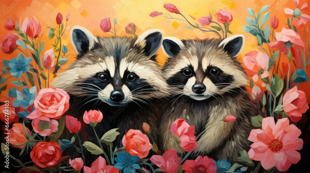  a painting of two raccoons in a field of flowers.  generative ai