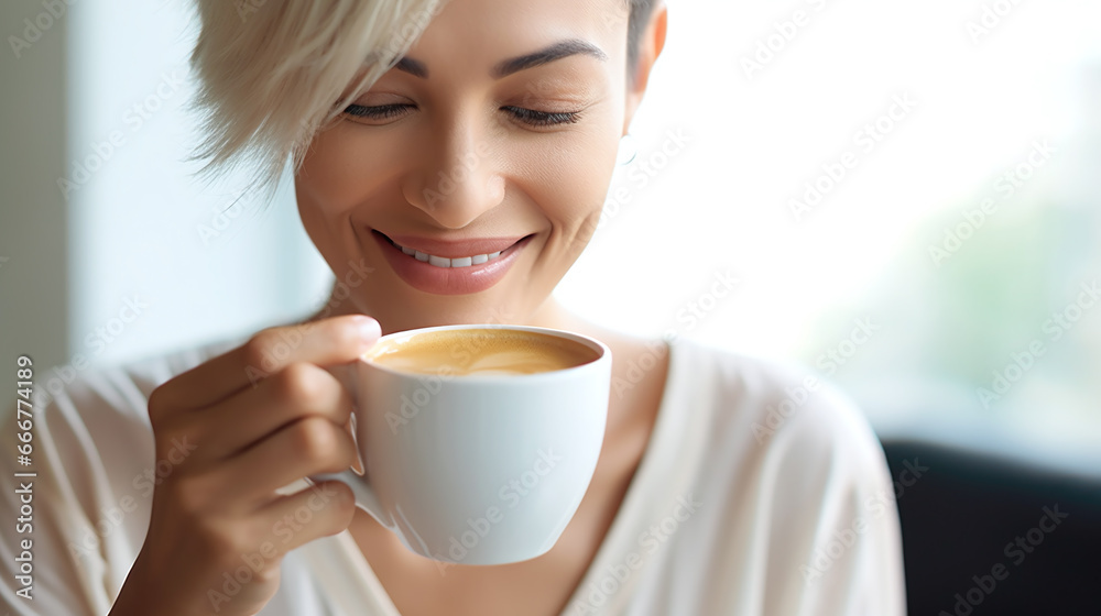 blonde woman drinking coffee holding a cup in the front of her face blonde woman drinking coffee holding a cup in the front of her face