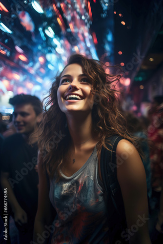 A woman laughing while standing in front of a crowd in disco.