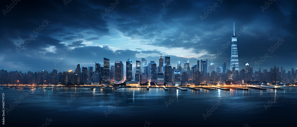 Night cityscape panorama of huge capital city skyline with water reflection in river. Panoramic view of downtown buildings 