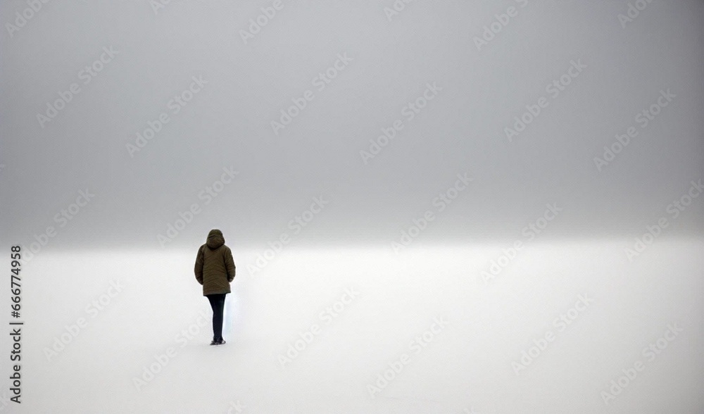 silhouette of a person, alone, standing in a vast empty and white space, isolation, vastness, loneliness - obrazy, fototapety, plakaty 