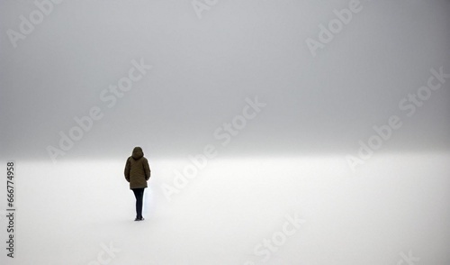 silhouette of a person, alone, standing in a vast empty and white space, isolation, vastness, loneliness photo