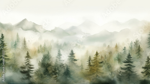 A serene landscape painting of a majestic forest with towering mountains in the distance © cac_tus