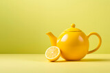 Creative design of a lemon-shaped teapot on a yellow background 