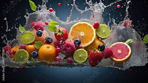  a bunch of fruit is splashing out of water on a black background.  generative ai