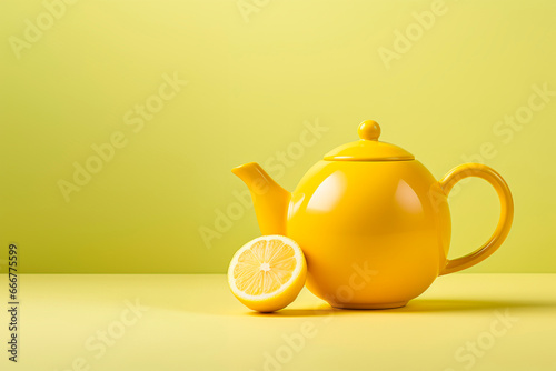 Creative design of a lemon-shaped teapot on a yellow background  photo