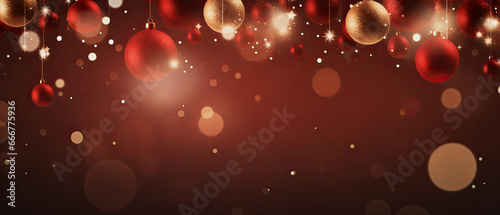 red shiny christmas background with christmas baubles and copy space