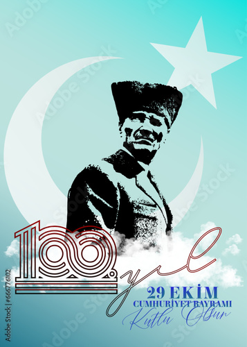 Ankara Turkey-29 October 1923. Translation:100th anniversary of the Republic-29 October Turkish Republic Day, Happy Celebration illustration (Turkish: 29 Ekim Cumhuriyet Bayramı Kutlu Olsun)