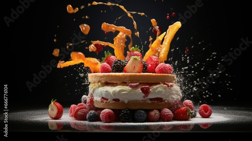  a cake with fruit on top of it and splashing out of it.  generative ai © Olga