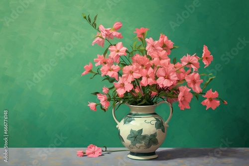 Vase of pink flowers on green background with another green background and a pink flower. Generative AI © Randy