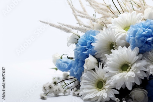 Sadness funeral white background blue flowers. Generative AI