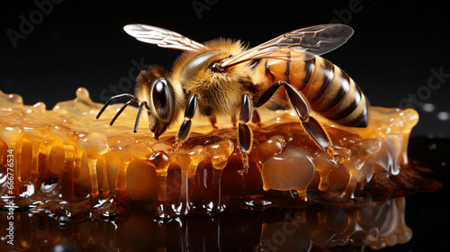 closeup view of honey bee on surface with honeycomb and honey bee on white © S...