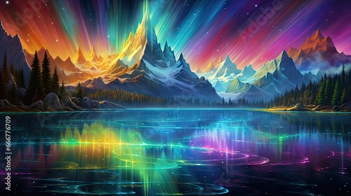 a painting of mountains and a lake with a colorful sky.  generative ai © Olga