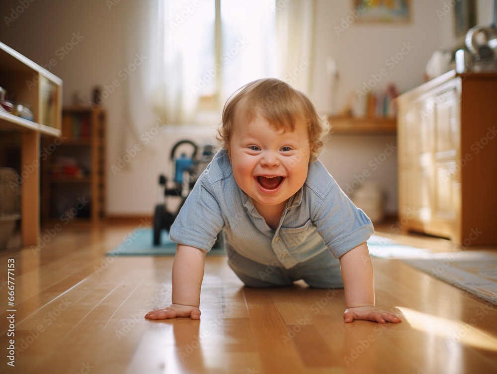 Toddler with down syndrome playing at home. Toddler with down syndrome playing at home.