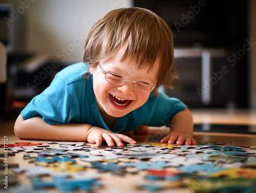 Toddler with down syndrome playing at home.