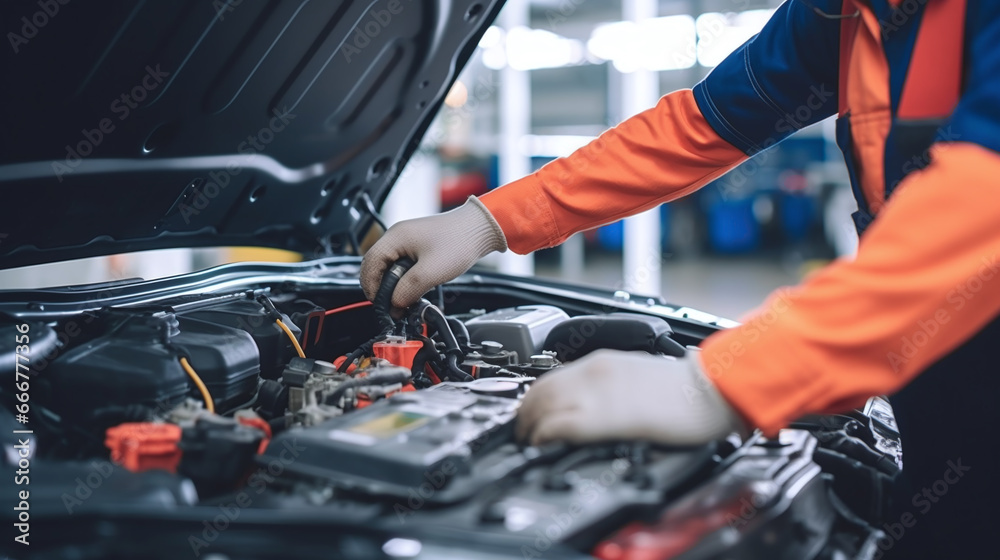 mechanic changing the engine of a car mechanic changing the engine of a car