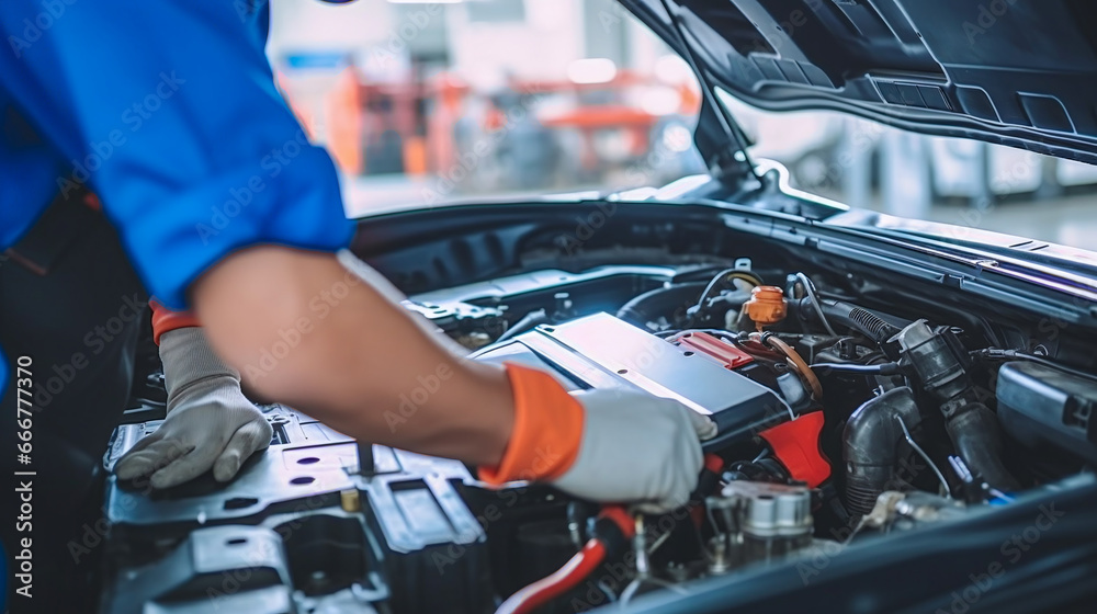 Fototapeta premium mechanic changing the engine of a car