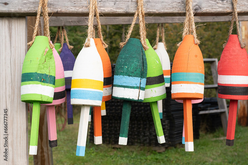 Multi-colored lobster buoys. photo