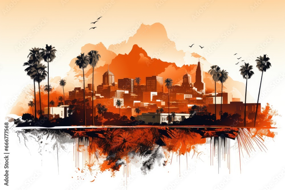 Miami cityscape with houses, palm trees and mountains on a white background. Tourist postcard