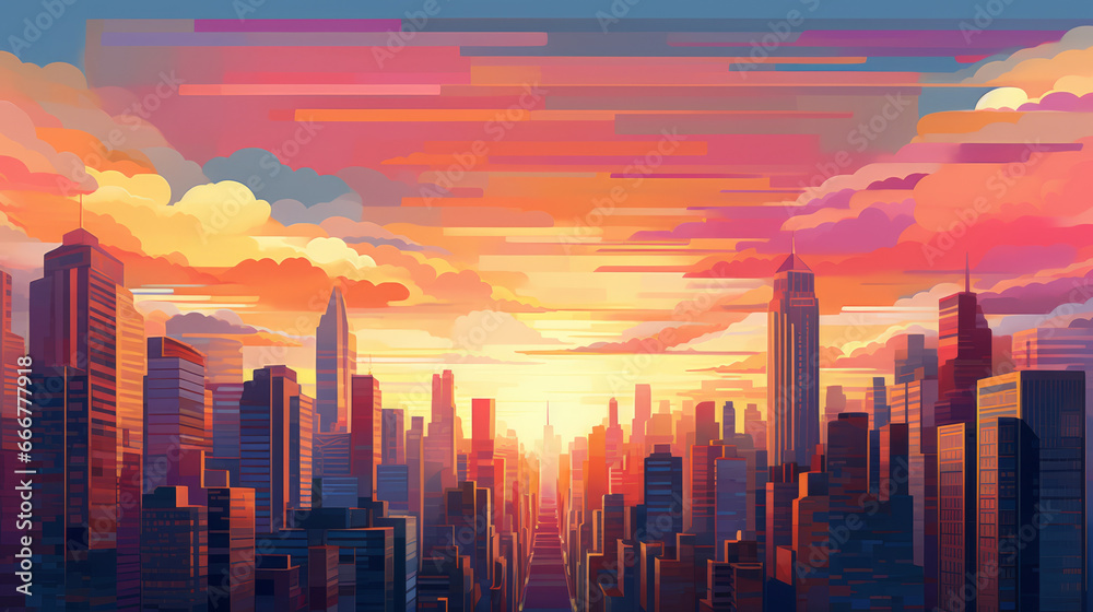 Fototapeta premium Cityscape at Dusk: A Vibrant Sunset View of the Urban Skyline