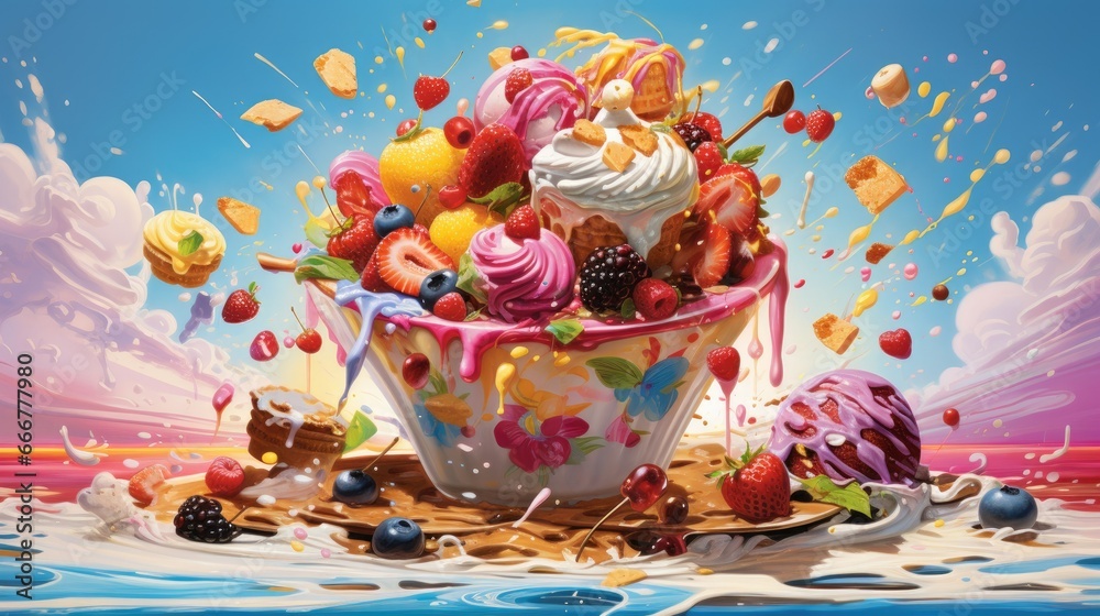 a painting of a bowl full of ice cream and fruit. generative ai a painting of a bowl full of ice cream and fruit. generative ai