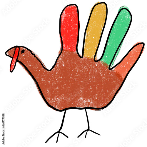Isolated child like hand drawn handprint festive turkey