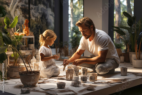 A man and a little girl sitting and painting.