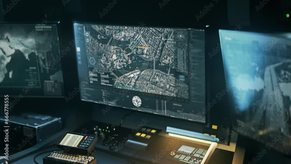 Satellite Analysis System Detects Drones Approaching Bridge In Modern City. Satellite Analysis System Scanning Location. Futuristic Satellite Analysis System. Target Tracking. Security. Technology Satellite Analysis System Detects Drones Approaching Bridge In Modern City. Satellite Analysis System Scanning Location. Futuristic Satellite Analysis System. Target Tracking. Security. Technology