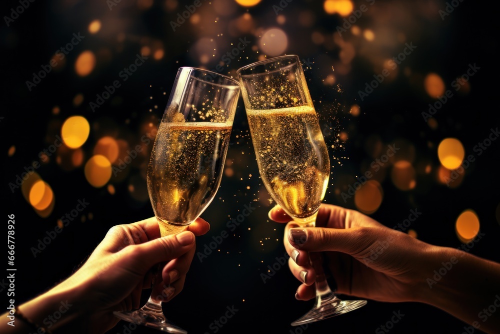 Champagne glasses toasting holidays party sparky particles
