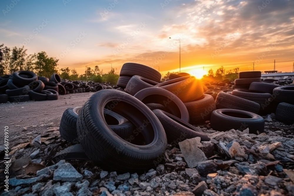 A stack of tires resting on a rocky landscape during the early morning hours A stack of tires resting on a rocky landscape during the early morning hours
