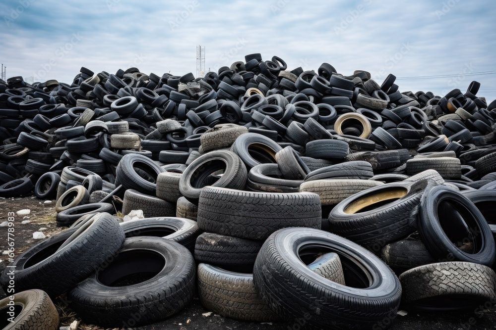 Obraz premium A stack of discarded tires at a landfill during sunrise