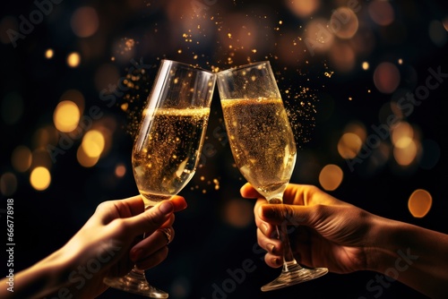 Champagne glasses toasting holidays party sparky particles photo
