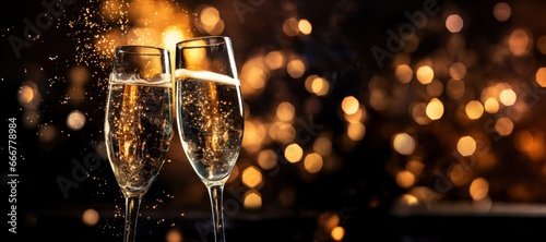 Champagne glasses toasting holidays party sparky particles photo