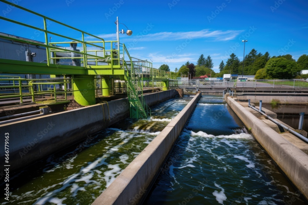 A wastewater treatment plant with a large green pipe releasing water