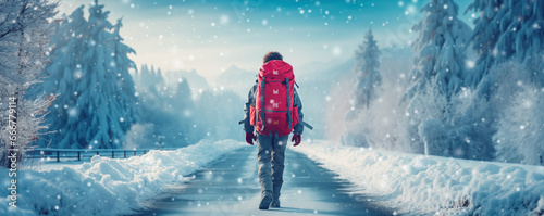 Man hiking with backpack in nature in snowfall.