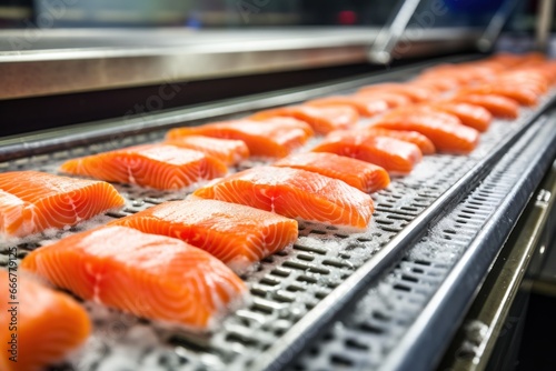 A factory conveyor belt filled with fresh salmon ready for processing