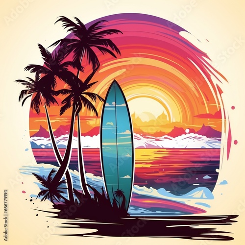 Surf board on a sandy beach Sunrise or sunset sand on bay and the mountain wonderful sun shines photo