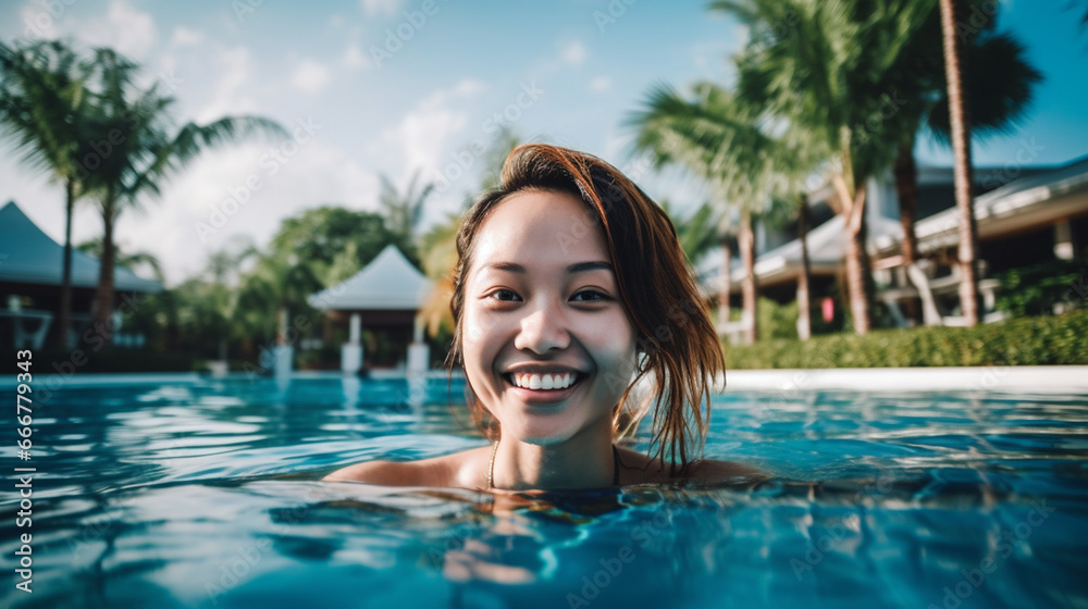 Joyful Asian woman smiling in a pool, surrounded by palm trees, exuding contentment and relaxation.