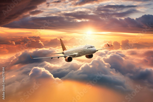 passenger plane flies above the clouds, against the background of the morning dawn
