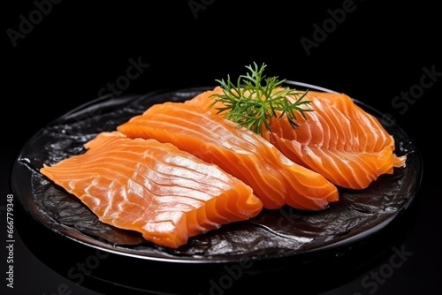 Two perfectly cooked salmon slices served on a sleek black plate