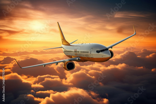 Landscape with aircraft is flying above clouds in orange sky. Travel background with passenger plane.