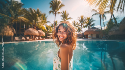 Smiling Asian woman by a pa...