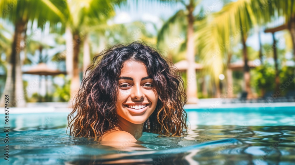 Smiling Asian woman enjoying a pool near the beach, surrounded by palm trees, in a picturesque setting.