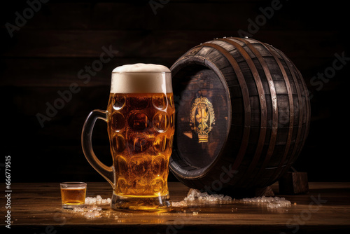 beer mug filled with beer, foam flows down the sides of the glass